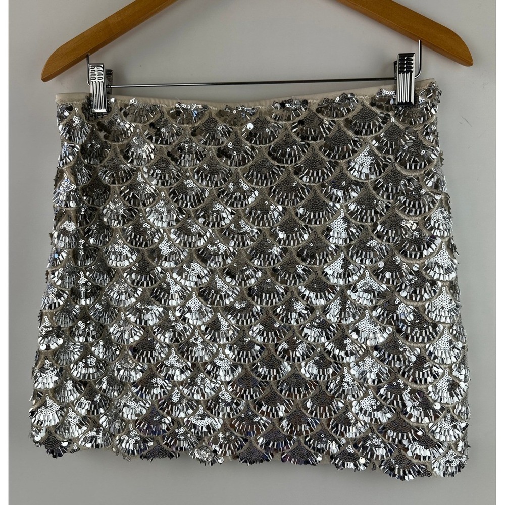 Sans Souci Silver Scalloped Sequin Mini Skirt Womens Large Art Deco Fan Party - Picture 10 of 11
